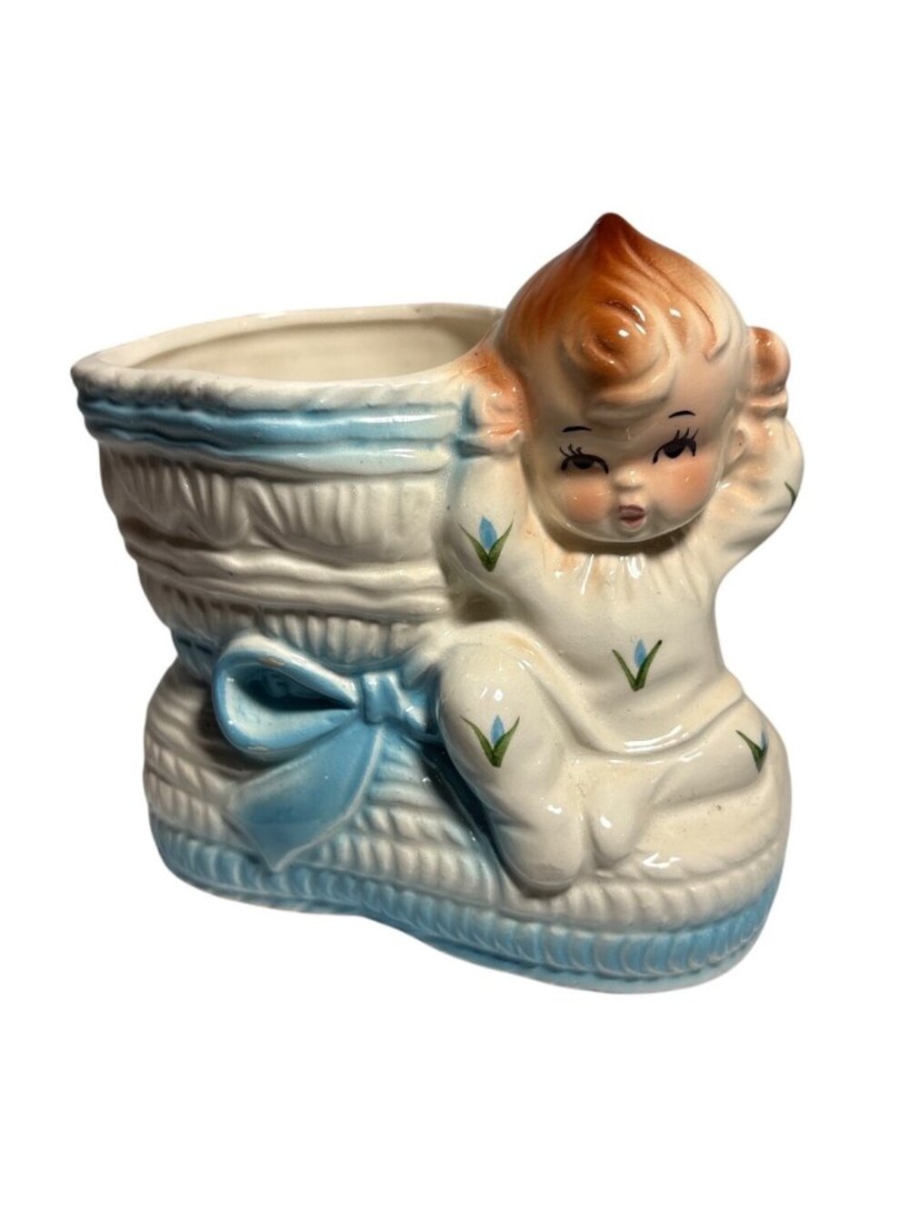 Vintage Ruben Baby Bootie Planter With Bow & Baby Figurine Blue & White 299